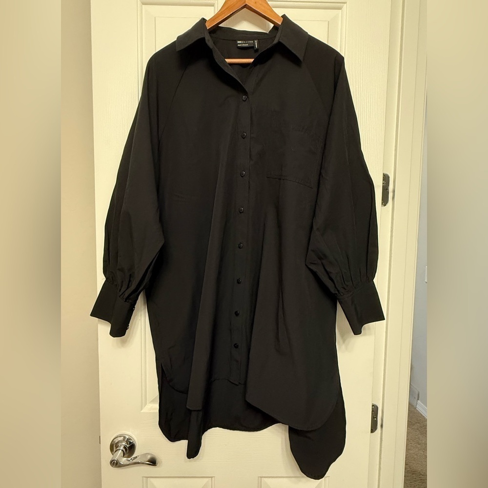 ASOS DESIGN Curve boyfriend shirt mini dress with blouson sleeve in black size 6 - Picture 2 of 7